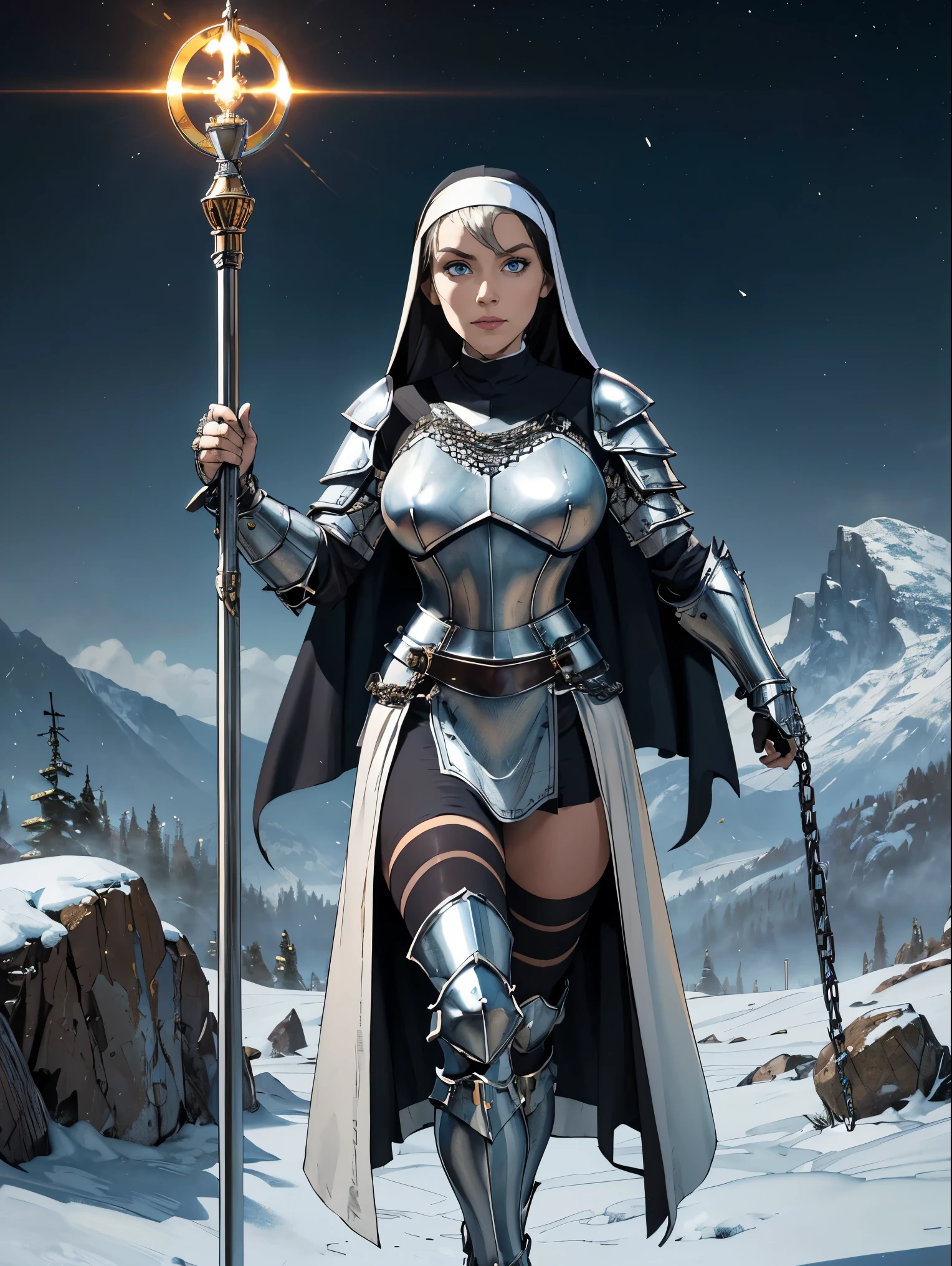 (masterpiece, top quality, best quality, official art, beautiful and aesthetic:1.2), (1girl:1.3), ((Sharp facial features, sharp features, hawkish features)), ((blue eyes)), busty paladin knight girl, extremely detailed, portrait, looking at viewer, solo, (full body:0.6), detailed background, full-body shot, (warm mountain meadow theme:1.1), holy knight, (nun), charlatan, smirk, mysterious, swaying in mountains, armor, polished metal, gold trim, long boots, white fabric, pelvic curtain, robe, pale leather, ((((nun, holy aura, corona, mace, heavy armor, armored, long legs, pelvic curtain, toned, muscular, chainmail)))), slim waist, slim hips, long legs, medieval (mountain exterior:1.1) background, dark mysterious lighting, shadows, magical atmosphere, dutch angle