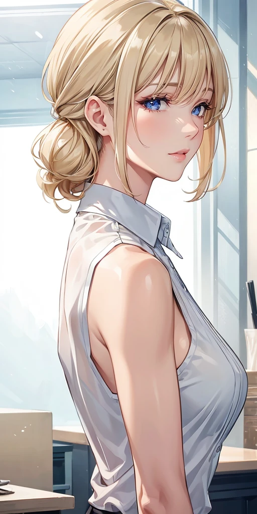 Elegant mature woman, milf, blue eyes, blonde hair, soft light, high detailed, 4k resolution, high quality, beautiful cg
