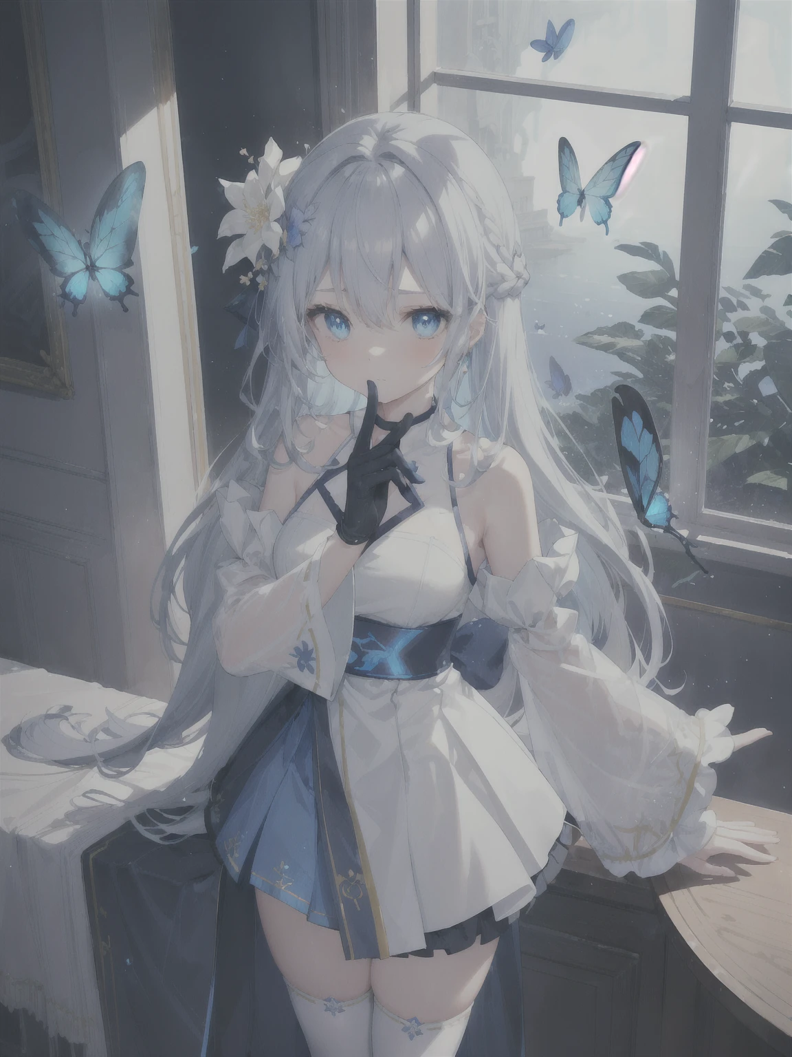 (Overhead view),dynamic angle,ultra-detailed, illustration, close-up, straight on, 1girl, (fantasy:1.4), (azure blue eyes:1.233),Her eyes shone like dreamy stars,(glowing eyes:1.233),(beautiful and detailed eyes:1.1),(Silver hair:1.14),(messy hair,very long hair,french braid,hair between eyes,sidelocks), (+(bule hair flower:1.14)),(chiffon dress,bule flower pattern in uniform)/=(military uniform:1.24),(detached sleeves,wide sleeves),(fingerless gloves),choker,(miko thighhighs),High heeled boots,(expressionless,closed mouth),(standing), (classical Princess boudoir with dressing tableand french windowin a white ancient palaces),(white flowers,bloom),(abysmal sea),(flowing water),(a dull blue world tree:1.14),(ruins),(night:1.2),dreamy,soul,(fluorescence),(flying translucent blue butterflies:1.15), [[delicate fingers and hands:0.55]::0.85],(detail fingers),(yubao:0.5),