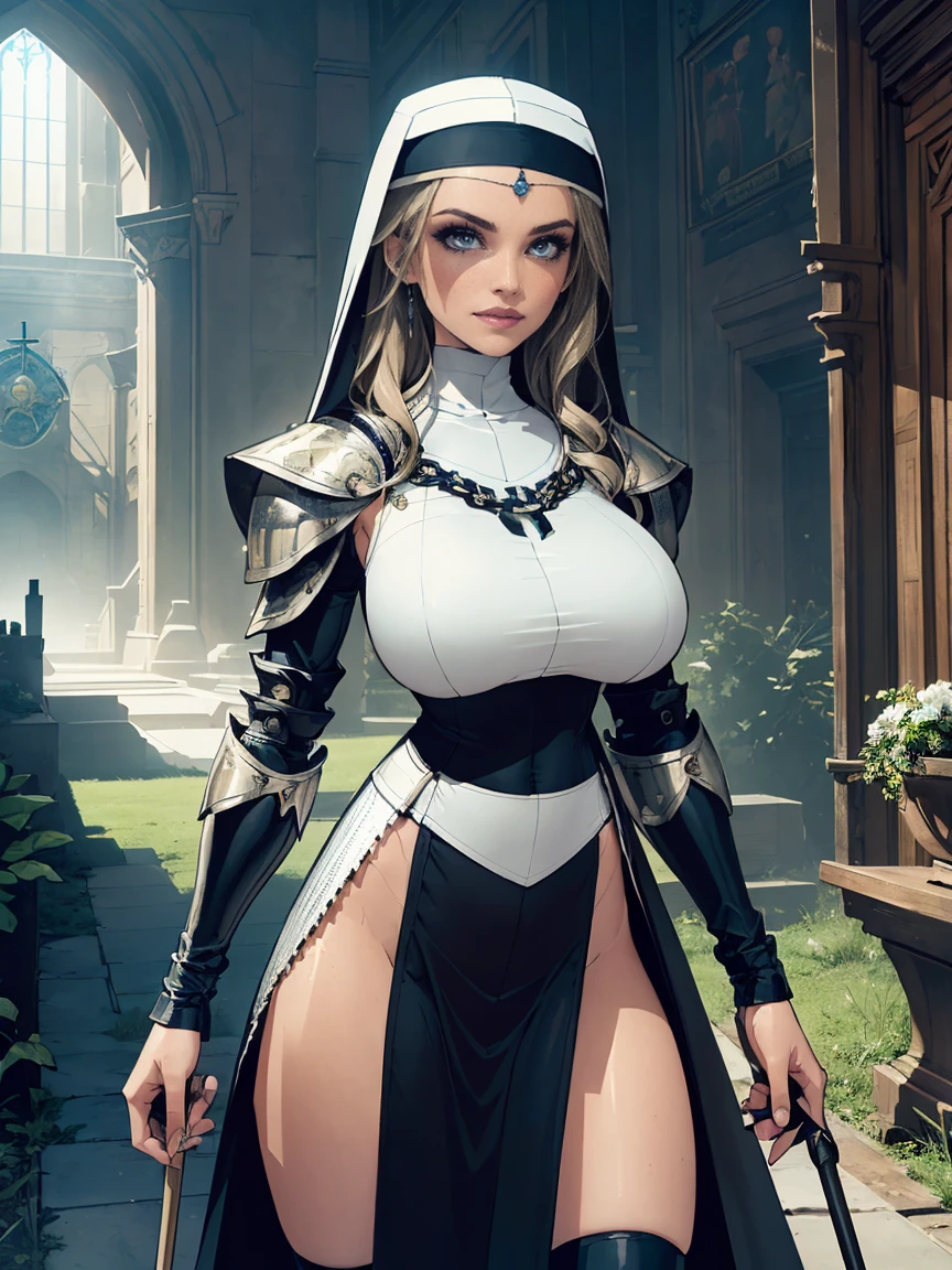 (masterpiece, top quality, best quality, official art, beautiful and aesthetic:1.2), (1girl:1.3), ((Sharp facial features, sharp features, hawkish features)), ((blue eyes)), busty paladin knight girl, extremely detailed, portrait, looking at viewer, solo, (full body:0.6), detailed background, full-body shot, (warm mountain meadow theme:1.1), holy knight, (nun), charlatan, smirk, mysterious, swaying in mountains, armor, polished metal, gold trim, long boots, white fabric, pelvic curtain, robe, pale leather, ((((nun, holy aura, corona, mace, heavy armor, armored, long legs, pelvic curtain, toned, muscular, chainmail)))), slim waist, slim hips, long legs, medieval (mountain exterior:1.1) background, dark mysterious lighting, shadows, magical atmosphere, dutch angle
