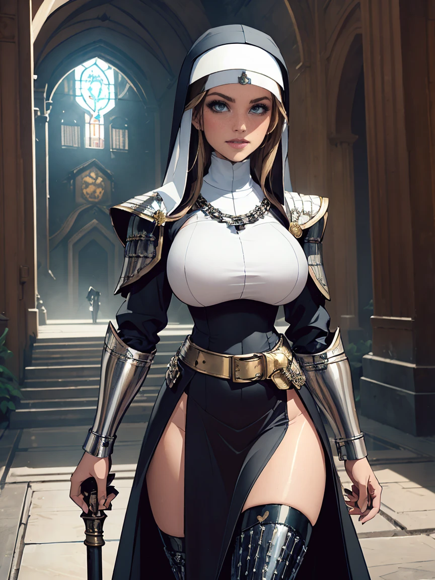 (masterpiece, top quality, best quality, official art, beautiful and aesthetic:1.2), (1girl:1.3), ((Sharp facial features, sharp features, hawkish features)), ((blue eyes)), busty paladin knight girl, extremely detailed, portrait, looking at viewer, solo, (full body:0.6), detailed background, full-body shot, (warm mountain meadow theme:1.1), holy knight, (nun), charlatan, smirk, mysterious, swaying in mountains, armor, polished metal, gold trim, long boots, white fabric, pelvic curtain, robe, pale leather, ((((nun, holy aura, corona, mace, heavy armor, armored, long legs, pelvic curtain, toned, muscular, chainmail)))), slim waist, slim hips, long legs, medieval (mountain exterior:1.1) background, dark mysterious lighting, shadows, magical atmosphere, dutch angle