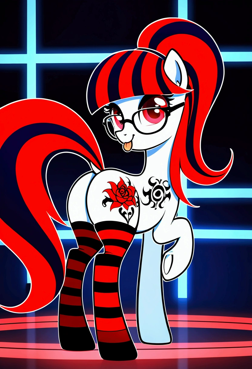 radiant lighting, vibrant colors, whimsical atmosphere, 8K, high resolution, highly detailed, masterpiece, (((my little pony))), four stockings, (red hair, white body, red eyes) cute face, tongue out, striped stockings, standing on four hooves, cool glasses, showing butt, ((a lot of tattoo on body:1.3)), goth style