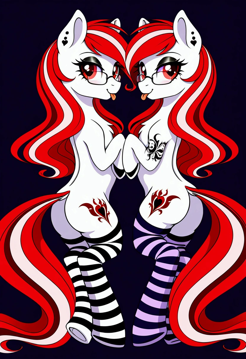 radiant lighting, vibrant colors, whimsical atmosphere, 8K, high resolution, highly detailed, masterpiece, (((my little pony))), four stockings, (red hair, white body, red eyes) cute face, tongue out, striped stockings, standing on four hooves, cool glasses, showing butt, ((a lot of tattoo on body:1.3)), goth style