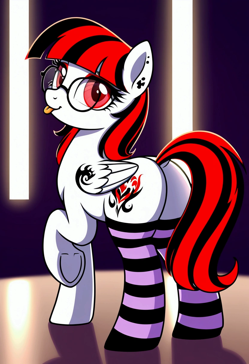 radiant lighting, vibrant colors, whimsical atmosphere, 8K, high resolution, highly detailed, masterpiece, (((my little pony))), four stockings, (red hair, white body, red eyes) cute face, tongue out, striped stockings, standing on four hooves, cool glasses, showing butt, ((a lot of tattoo on body:1.3)), goth style