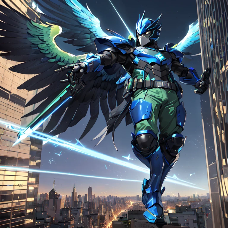 ((best quality)), ((masterpiece)), (detailed), 1 man, full body, 25 years old, masked, blue mask, blue head, uncovered mouth, biker helmet, blue helmet, parrot helmet, black neck, tall, thin, black beak, black details, a green parrot with a blue head on his side, metallic wings, wings on his arms, blue fingerless gloves, blue wristbands, luminous blue wings shooting lasers, blue suit resembling light armor, blue suit with an emblem, entirely green chest, emblem on his chest, green pants, deployable bird tail, metallic feathers, gray knee pads, metallic gray boots, metallic bird claws, black superhero belt, flying through the city, midday city background, anime