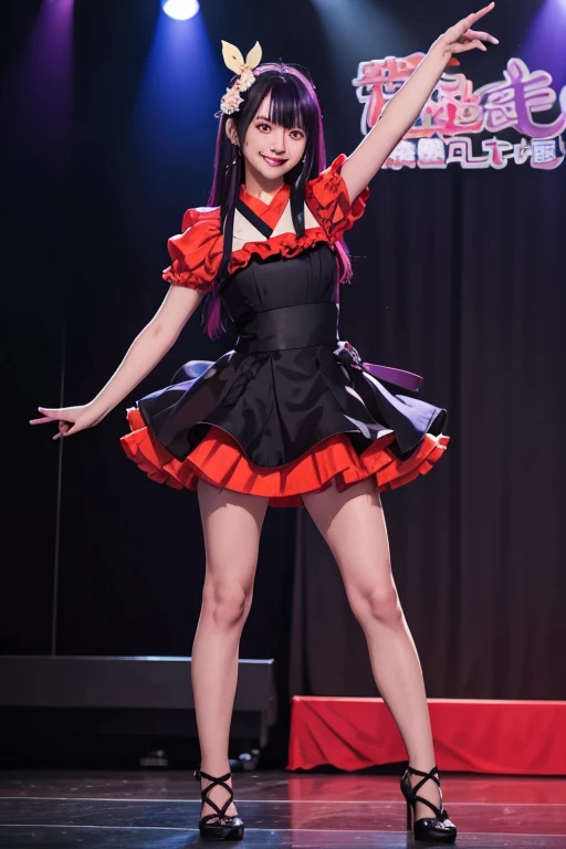 smile,(Highest quality)++,(masterpiece)++,(Super detailed)++,(High Resolution)++,(8K Portrait)++,Production art,hoshino ai, long hair, purple hair, streaked hair ,purple eyes, star-shaped pupils, hair ornament,(((Free pose、whole body)))、Idol Costumes、