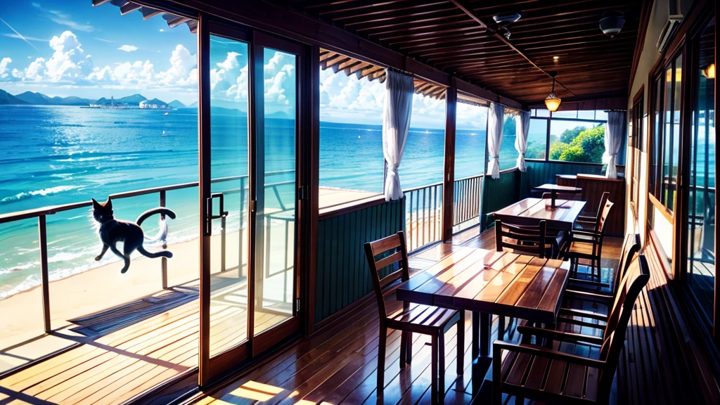 coastal、wooden、Woman holding a cat on an open balcony、A pleasant breeze blows、chairs and tables、Daytime、House with sea view、Beautiful woman、Hair blowing in the wind、