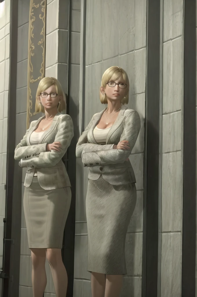 (Masterpiece:1.2), (best quality:1.6), intricate details, (ultra detailed), 1girl, solo, JessicaMcCarney, blonde hair, short hair, glasses, jewelry, earrings, necklace, breasts, cleavage, jacket, skirt, suit, cowboy shot,  standing straight, arms crossed