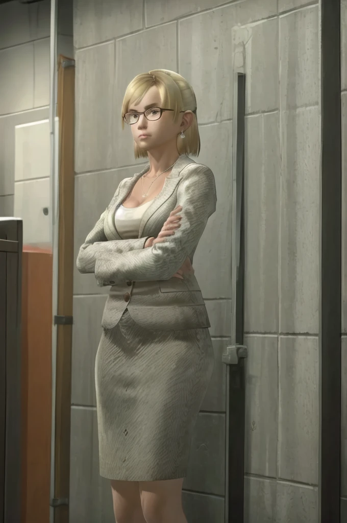 (Masterpiece:1.2), (best quality:1.6), intricate details, (ultra detailed), 1girl, solo, JessicaMcCarney, blonde hair, short hair, glasses, jewelry, earrings, necklace, breasts, cleavage, jacket, skirt, suit, cowboy shot,  standing straight, arms crossed