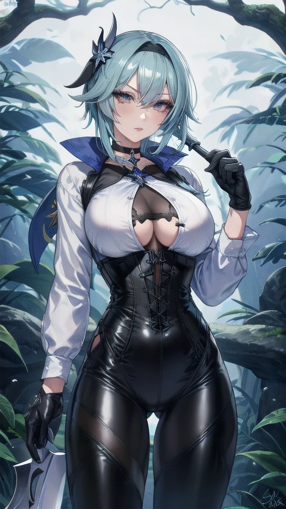Masterpiece, Beautiful art, professional artist, 8k, Very detailed face, Detailed clothing, detailed fabric, 1 girl, eula, (genshin impact), View from the front, standing, big breasts, perfectly drawn body, pale skin, serious expression, beautiful face, sky blue hair, 4k eyes, very detailed eyes, pink cheeks, choker:1.6, (white long sleeve button down shirt with white collar), black gloves that cover up to the elbows, He holds an ax in his right hand, (black leather corset), (shiny black leggings), Black leather boots, Sensual Lips, show details in the eyes, dark forest, at night, atmosphere, fog