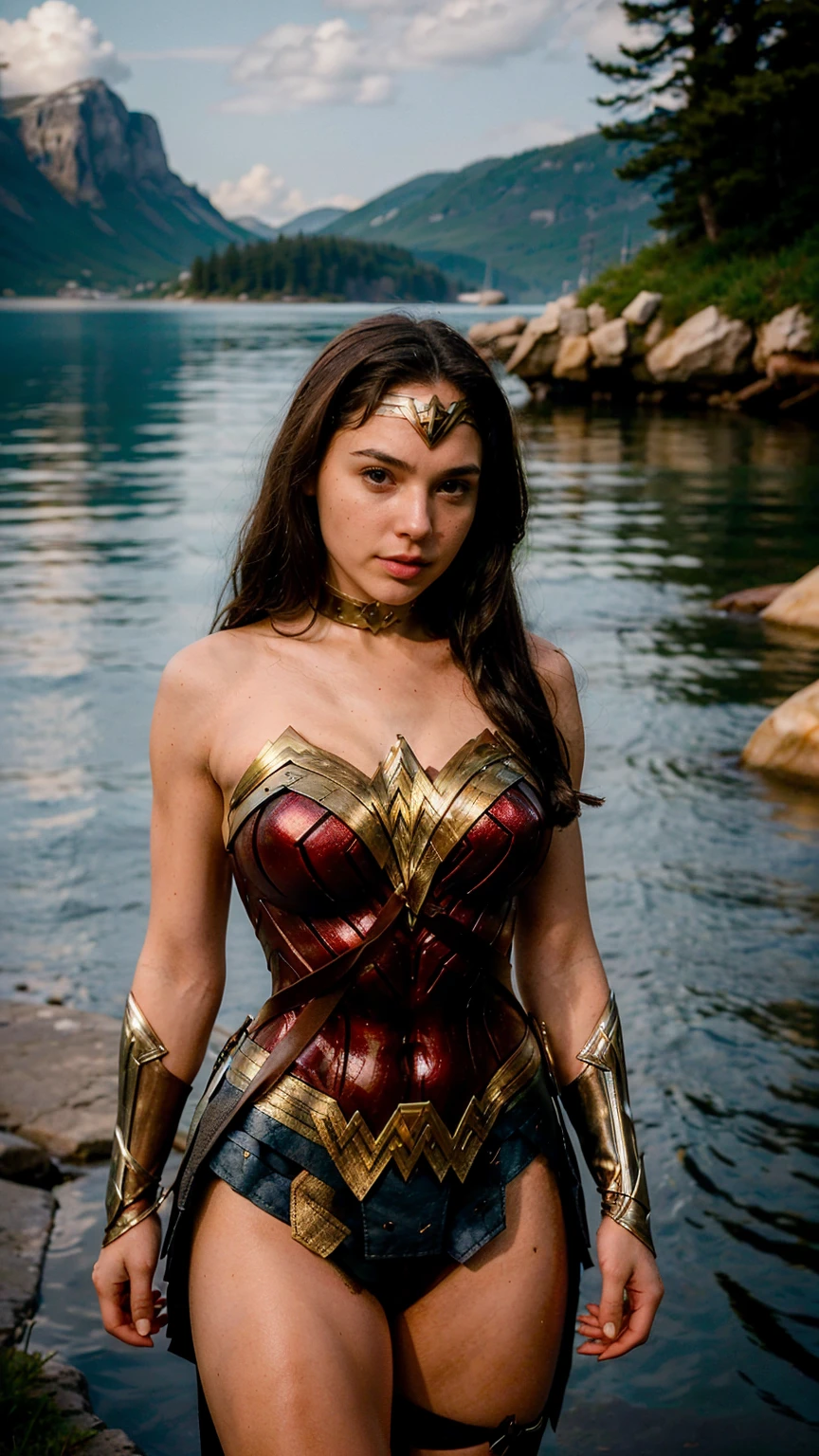 ((masterpiece), (solo character), (photorealistic:1.4), ),(best quality), (epiCRealLife), (g4lg), (g4lg large breasts), (g4lg show cleavages), (Gal Godot in wonder woman costume), (lora:epiCFlashPhoto),(flashphoto), (flash photography) (look at viewers), , (photoshoot), (wonder woman theme), (outdoor), (daytime), (beautiful lake landscape), (body in the lake), (different camera angle shots), (boots)