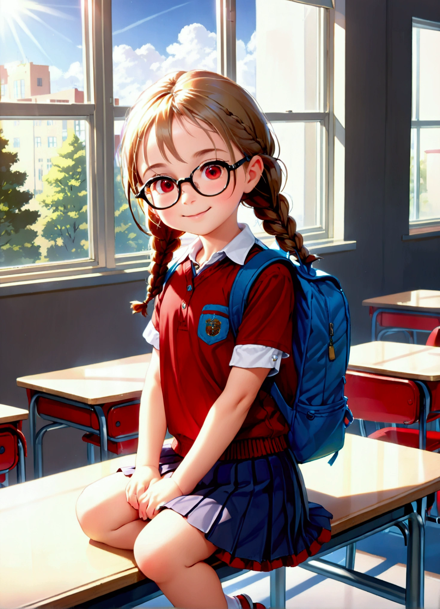 ((masterpiece)),((Highest quality)),((High resolution)),((Anatomical)),((Realistic)),((Detailed Description)),((Full body view)),((Perfect lighting)),((8K)),((cute)),((School classroom)),((Window)),((Sit at a desk)),(((((One ))),(((Lori))),(((neutral))),((8-year-old)),autifeyes)),((Baby Face)),((low ((Petite)),((Flat Chest)),((Two braids)),((Seductive smile)),((Red cheeks)),(((School uniform with short sleeves))),(((skirt))),(((Glasses))),(((1 backpack))),