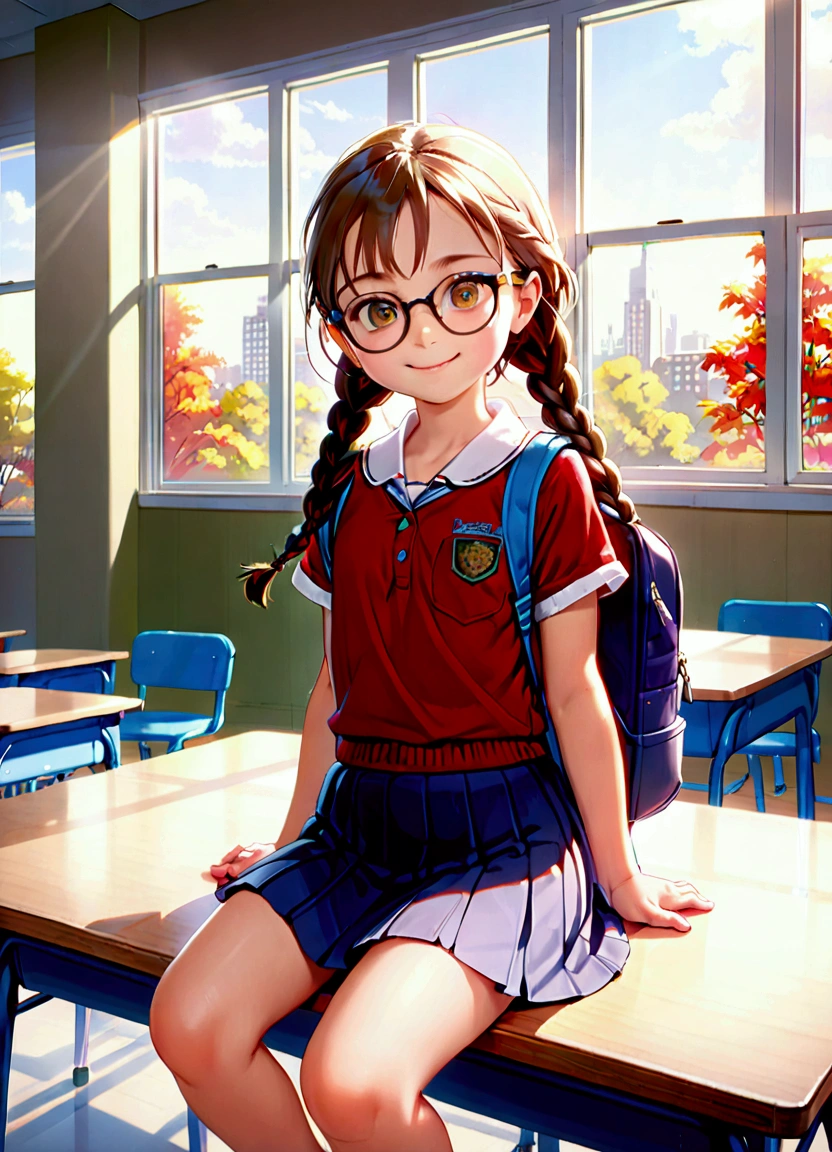 ((masterpiece)),((Highest quality)),((High resolution)),((Anatomical)),((Realistic)),((Detailed Description)),((Full body view)),((Perfect lighting)),((8K)),((cute)),((School classroom)),((Window)),((Sit at a desk)),(((((One little girl))),(((Lori))),(((neutral))),((8-year-old)),((Beautiful eyes)),((Baby Face)),((low length)),((Petite)),((Flat Chest)),((Two braids)),((Seductive smile)),((Red cheeks)),(((School uniform with short sleeves))),(((skirt))),(((Glasses))),(((1 backpack))),