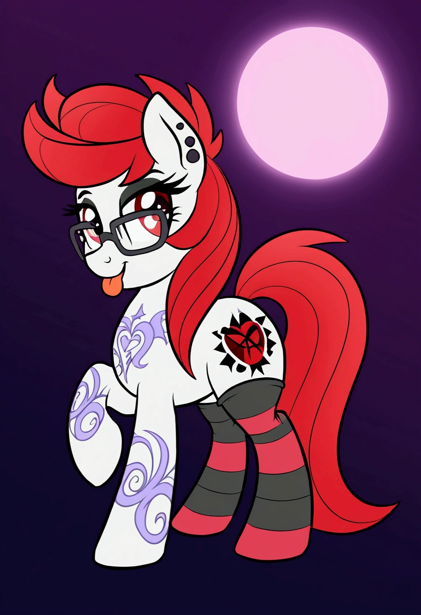 radiant lighting, vibrant colors, whimsical atmosphere, 8K, high resolution, highly detailed, masterpiece, (((my little pony))), four stockings, (red hair, white body, red eyes) cute face, tongue out, striped stockings, standing on four hooves, cool glasses, showing butt, ((a lot of tattoo on body:1.3)), goth style