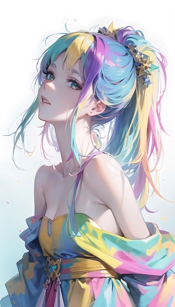 Anime girl with colorful hair and colorful dress, rossdraws pastel vivid, rossdraws cartoon vibrant, Anime Style 4k, Beautiful anime portraits, art germ colorful!!!, ! Dream Art Germ, Beautiful Anime Girls, Anime style digital art, anime art wallpaper 4k, anime art wallpaper 4k, Digital anime art, Highly detailed art gems,Braiding, One girl,  Blonde,  White Hair Ribbon,Green Eyes,