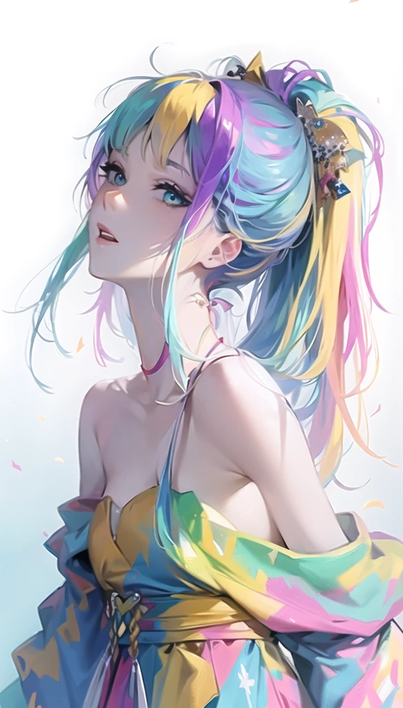 Anime girl with colorful hair and colorful dress, rossdraws pastel vivid, rossdraws cartoon vibrant, Anime Style 4k, Beautiful anime portraits, art germ colorful!!!, ! Dream Art Germ, Beautiful Anime Girls, Anime style digital art, anime art wallpaper 4k, anime art wallpaper 4k, Digital anime art, Highly detailed art gems,Braiding, One girl,  Blonde,  White Hair Ribbon,Green Eyes,