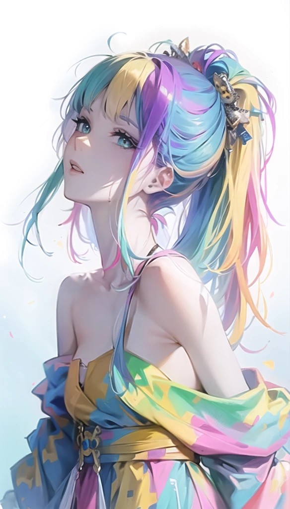 Anime girl with colorful hair and colorful dress, rossdraws pastel vivid, rossdraws cartoon vibrant, Anime Style 4k, Beautiful anime portraits, art germ colorful!!!, ! Dream Art Germ, Beautiful Anime Girls, Anime style digital art, anime art wallpaper 4k, anime art wallpaper 4k, Digital anime art, Highly detailed art gems,Braiding, One girl,  Blonde,  White Hair Ribbon,Green Eyes,