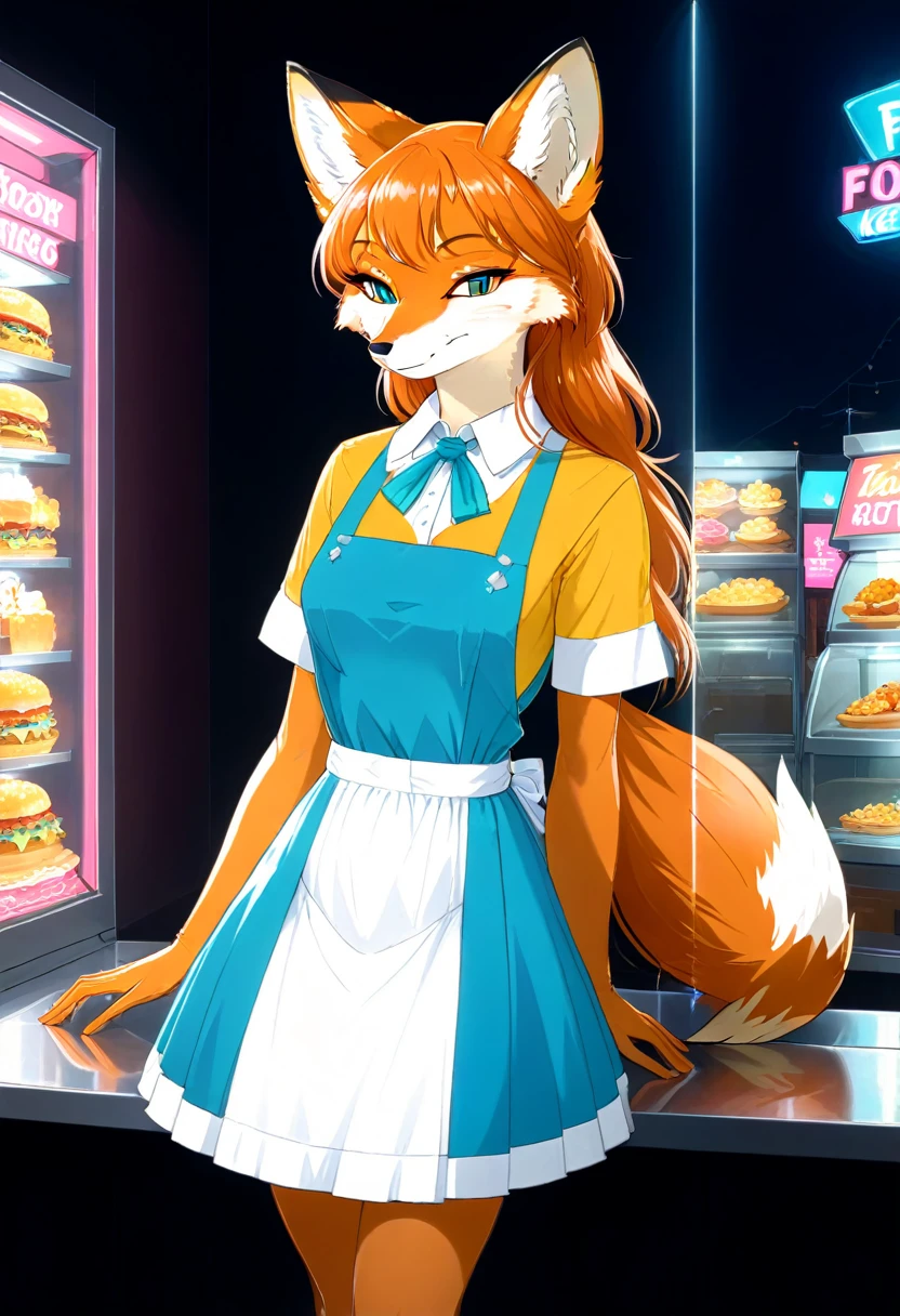 ((Masterpiece)), ((Best Quality)), (Very Detailed), ((Very Detailed)), 4K, (8K), very aesthetic, absurdres highres, 1girl, (anthropomorphic fox, furry, kemono:1.8),Virtual waitress, hologram waitress, cute uniform, white ribbon, apron, fast food restaurant, futuristic design, neon lights, digital menu, smile, customer greeting, holding tray, pink, blue, white, glass reflection, metal reflection, advanced technology, cheerful