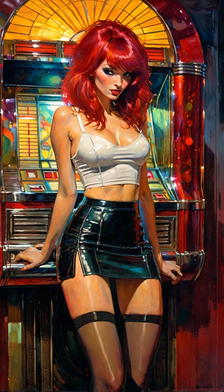 sexy girl, red hair, tight miniskirt, stockings, dark room, jukebox, sexy, erotic, (art inspired by Bill Sienkiewicz). oil painting)
