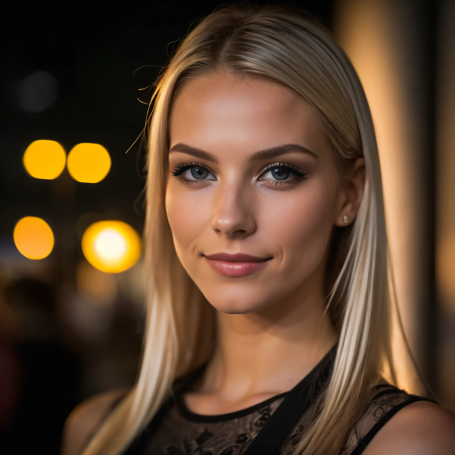 (side angle, full entire body), in the club Watch a presentation on the table, RAW UHD portrait photo of a 24-year-old blonde (e glitter-Leggings), (Neckline), Details (textures! , balck hair! , glitter, colour!! , Disadvantages: 1.1), Shiny eyes with a high level of detail, SLR lighting, SLR camera, ultra quality, Sharpness, Depth of field, film grain (Not), Fujifilm XT3, crystal clear, Frame center, Beautiful face, keen focus, street light, neon lighting, bokeh (dimly lit), natta, (night sky), Detailed skin pores, Oily skin, sunburn, Complex eyesDetails, full entire body, big , showing butt