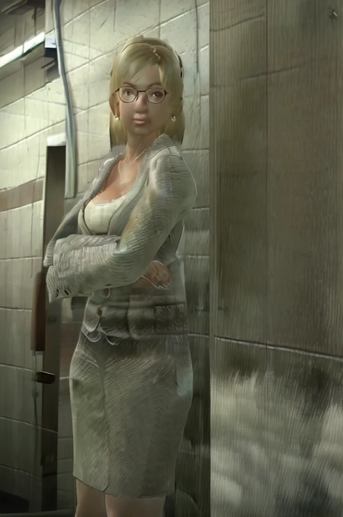(Masterpiece:1.2), (best quality:1.6), intricate details, (ultra detailed), 1girl, solo, JessicaMcCarney, blonde hair, short hair, glasses, jewelry, earrings, necklace, breasts, cleavage, jacket, skirt, suit, cowboy shot, standing straight, arms crossed