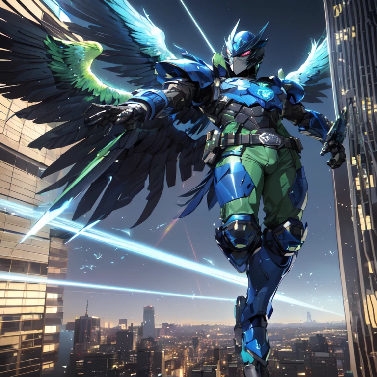 ((best quality)), ((masterpiece)), (detailed), 1 man, full body, 25 years old, masked, blue mask, blue head, uncovered mouth, biker helmet, blue helmet, parrot helmet, black neck, tall, thin, black beak, black details, a green parrot with a blue head on his side, metallic wings, wings on his arms, blue fingerless gloves, blue wristbands, luminous blue wings shooting lasers, blue suit resembling light armor, blue suit with an emblem, entirely green chest, emblem on his chest, green pants, deployable bird tail, metallic feathers, gray knee pads, metallic gray boots, metallic bird claws, black superhero belt, flying through the city, midday city background, anime