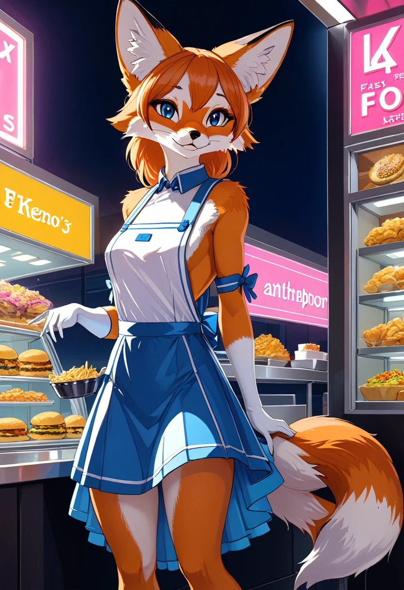 ((Masterpiece)), ((Best Quality)), (Very Detailed), ((Very Detailed)), 4K, (8K), very aesthetic, absurdres highres, 1girl, (anthropomorphic fox, furry, kemono:1.8),Virtual waitress, hologram waitress, cute uniform, white ribbon, apron, fast food restaurant, futuristic design, neon lights, digital menu, smile, customer greeting, holding tray, pink, blue, white, glass reflection, metal reflection, advanced technology, cheerful