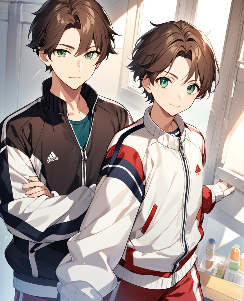 College boy, Anime boy, brown hair, green eyes, approximately 190cm tall, wearing a tracksuit with a white sporty jacket. He has an athletic build and an older brother vibe. Render him with a confident and caring expression.