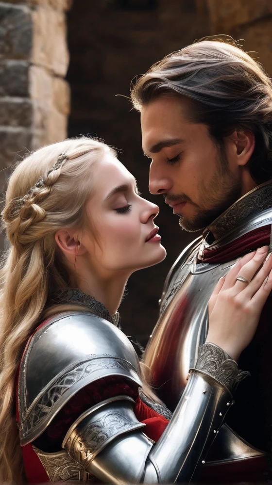 A knight in silver armor is embracing a blonde-haired woman wearing a red dress. The knight gently rests his head against hers, while she keeps her eyes closed in a gesture of trust and affection. The image conveys a sense of love and protection in a fantasy or medieval setting.