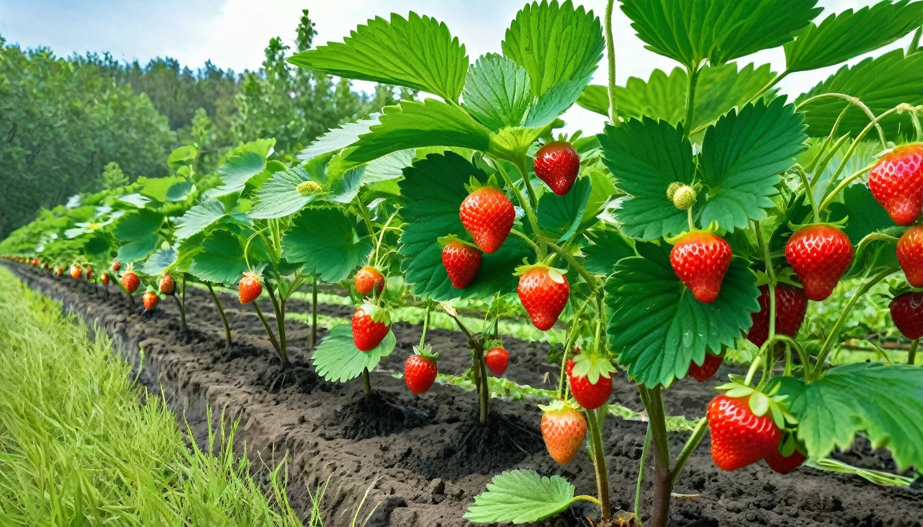the strawberry plants in the polyback bear heavy fruit, some are red and some are still green, the trees are lush and some are green