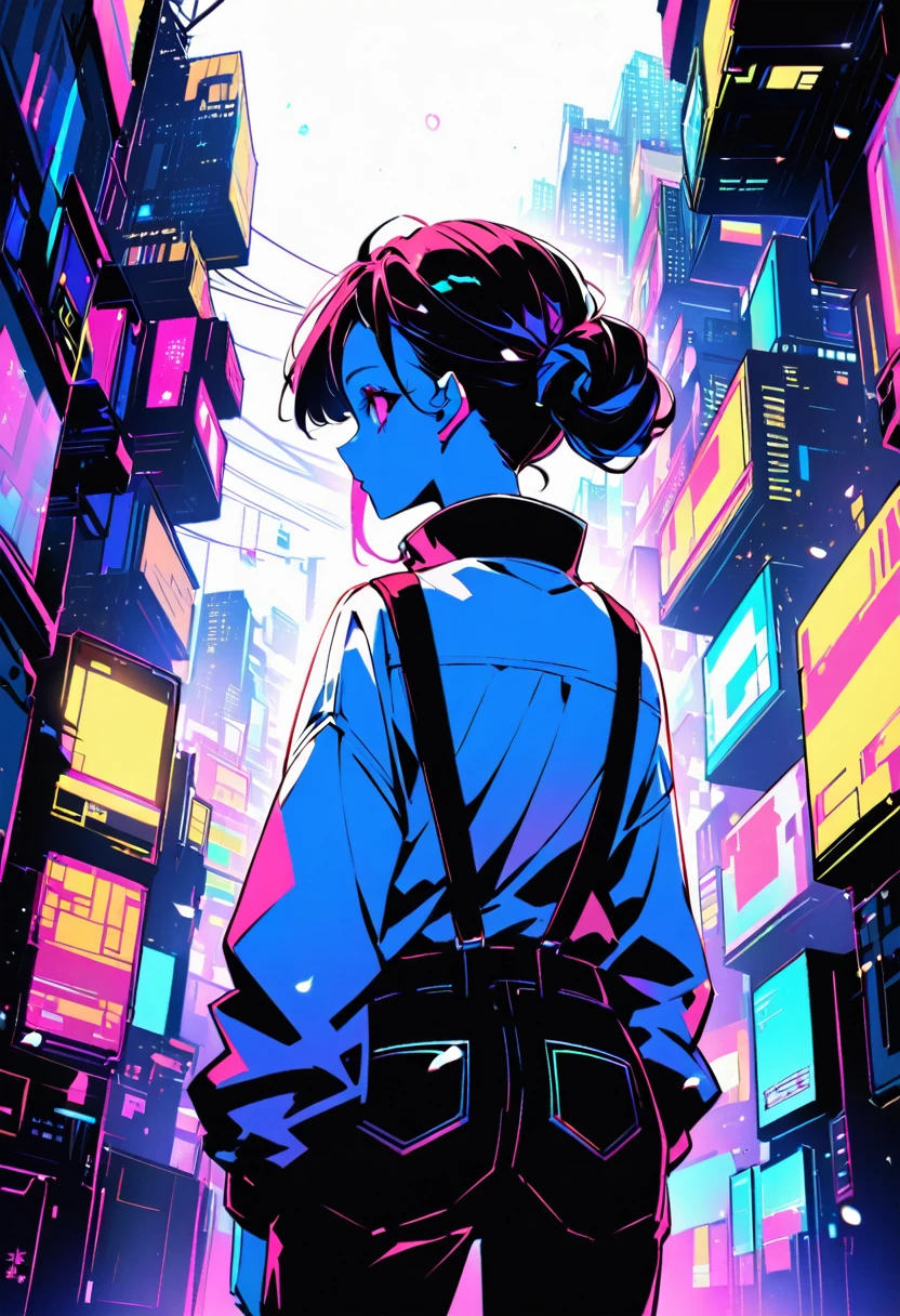 it's cyberpunk world in the near future and Cyber ​​world.
the places like Kowloon Walled City.
a giri looking up it.
I'm looking the girl back view.
It's snowing.
overall add shading.

hair style is short.
it color is dark white.
more colorful.
　
