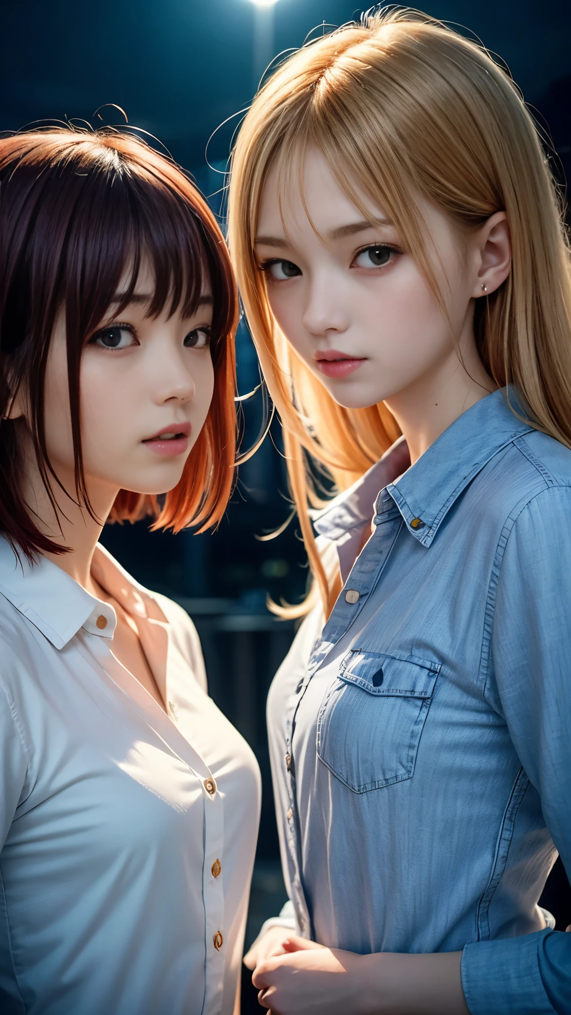 (Natural strawberry blonde and redhead girls with pretty faces), Cute pose, wearing a button shirt,  body, skinny, Atmospheric, Dark atmosphere, Edge lighting, Sayaka Yamamoto, Saito Asuka, Mao Akiyama&#39;s facial features, 8K, Full body portrait, Elegant outfit, Natural light, Spooky greenhouse at night, Sharp focus, (Highly detailed eyes and face, Professional photography techniques), (Beautiful small face, beautiful girl, high school student, Idol Face, Baby Face:1.4), smile, Happy, K UHD, Hmph, Beautiful and soft skin, Vibrant Skin, blush, (Chirarizum:1.3, Unbutton your shirt:1.2), (Captivating Beautiful Breasts), Cleavage, (Small beautiful butt), The optimal ratio is four fingers to one thumb, Perfect proportions, (Perfect Anatomy:1.3), (Highest quality, Masterpiece, Highest quality, Ultra high definition, Photorealism:1.4), ((beautiful girl二人がお互いに見つめ合う, French Kiss:1.4, Touching the chest:1.4))