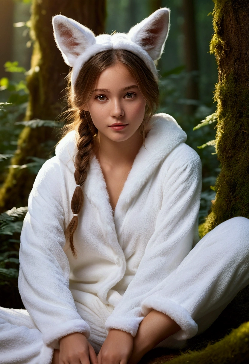 A professional high-quality photo, in 4K resolution, captures in realistic detail a charming girl in a fluffy white pajama with ears and foxtail. She is sitting in the middle of an enchanted forest, where every element is portrayed to perfection. The textures of the pajamas, ears and tail are sharp and palpable. Sunlight falls on the leaves and gently illuminates the girl's face, highlighting each delicate and charming expression  