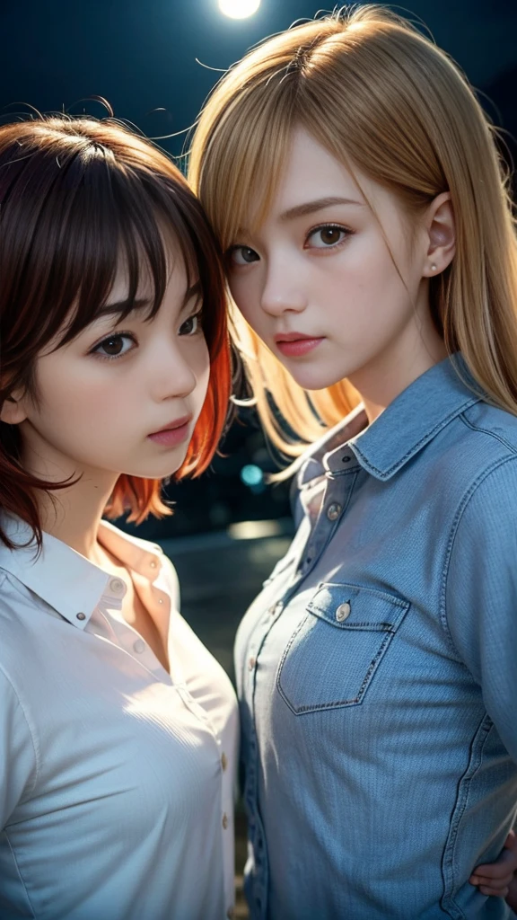 (Natural strawberry blonde and redhead girls with pretty faces), Cute pose, wearing a button shirt,  body, skinny, Atmospheric, Dark atmosphere, Edge lighting, Sayaka Yamamoto, Saito Asuka, Mao Akiyama&#39;s facial features, 8K, Full body portrait, Elegant outfit, Natural light, Spooky greenhouse at night, Sharp focus, (Highly detailed eyes and face, Professional photography techniques), (Beautiful small face, beautiful girl, high , Idol Face, Baby Face:1.4)Happy, K UHD, Hmph, Beautiful and soft skin, Vibrant Skin, blush, (Chirarizum:1.3, Unbutton your shirt:1.2), (Captivating Beautiful Breasts), Cleavage, (Small beautiful butt), The optimal ratio is four fingers to one thumb, Perfect proportions, (Perfect Anatomy:1.3), (Highest quality, Masterpiece, Highest quality, Ultra high definition, Photorealism:1.4), ((French Kiss:1.5, Touching the chest:1.4))