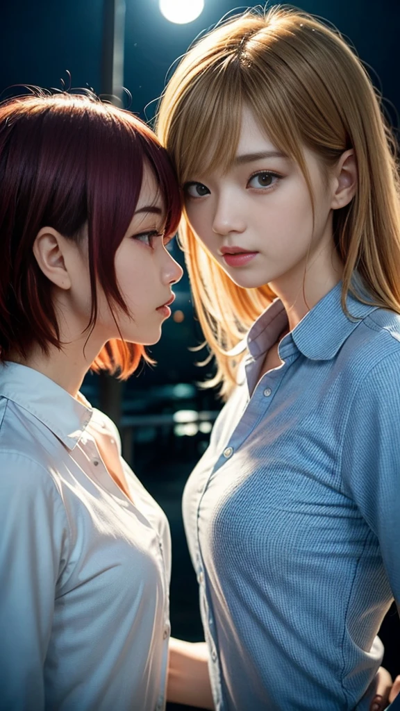 (Natural strawberry blonde and redhead girls with pretty faces), Cute pose, wearing a button shirt,  body, skinny, Atmospheric, Dark atmosphere, Edge lighting, Sayaka Yamamoto, Saito Asuka, Mao Akiyama&#39;s facial features, 8K, Full body portrait, Elegant outfit, Natural light, Spooky greenhouse at night, Sharp focus, (Highly detailed eyes and face, Professional photography techniques), (Beautiful small face, beautiful girl, high , Idol Face, Baby Face:1.4)Happy, K UHD, Hmph, Beautiful and soft skin, Vibrant Skin, blush, (Chirarizum:1.3, Unbutton your shirt:1.2), (Captivating Beautiful Breasts), Cleavage, (Small beautiful butt), The optimal ratio is four fingers to one thumb, Perfect proportions, (Perfect Anatomy:1.3), (Highest quality, Masterpiece, Highest quality, Ultra high definition, Photorealism:1.4), ((French Kiss:1.5, Touching the chest:1.4))