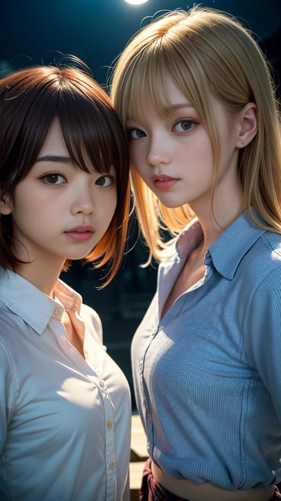 (Natural strawberry blonde and redhead girls with pretty faces), Cute pose, wearing a button shirt,  body, skinny, Atmospheric, Dark atmosphere, Edge lighting, Sayaka Yamamoto, Saito Asuka, Mao Akiyama&#39;s facial features, 8K, Full body portrait, Elegant outfit, Natural light, Spooky greenhouse at night, Sharp focus, (Highly detailed eyes and face, Professional photography techniques), (Beautiful small face, beautiful girl, high , Idol Face, Baby Face:1.4)Happy, K UHD, Hmph, Beautiful and soft skin, Vibrant Skin, blush, (Chirarizum:1.3, Unbutton your shirt:1.2), (Captivating Beautiful Breasts), Cleavage, (Small beautiful butt), The optimal ratio is four fingers to one thumb, Perfect proportions, (Perfect Anatomy:1.3), (Highest quality, Masterpiece, Highest quality, Ultra high definition, Photorealism:1.4), ((French Kiss:1.5, Touching the chest:1.4))