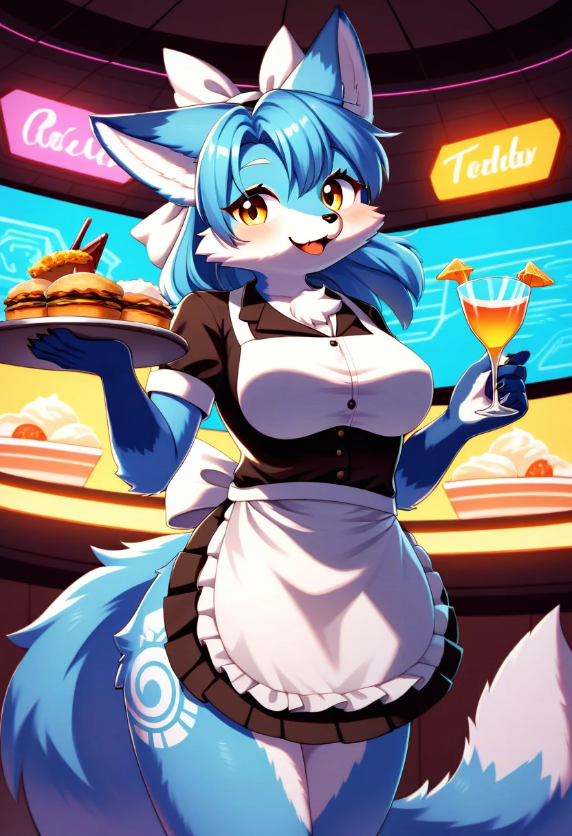 ((Masterpiece)), ((Best Quality)), (Very Detailed), ((Very Detailed)), 4K, (8K), very aesthetic, absurdres highres, 1girl, (anthropomorphic fox, furry, kemono:1.8), Virtual waitress, hologram waitress, cute uniform, white ribbon, apron, fast food restaurant, futuristic design, neon lights, digital menu, smile, customer greeting, holding tray, pink, blue, white, glass reflection, metal reflection, advanced technology, cheerful