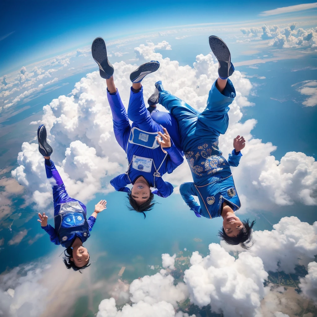 Exciting images of an elderly Thai male skydiver wearing a blue jumpsuit and a age girl wearing a purple jumpsuit with Thai patterned sleeves. Skydiving freely above the clouds in the highest sky, vast and limitless in every direction. The skydiver&#39;s body is in a stable stance with arms and legs extended. The wind blew past, causing the clothes to sway violently. The ground below was just a blur, giving off an exciting feeling of height and speed. The skydiver&#39;s face was full of excitement and joy.