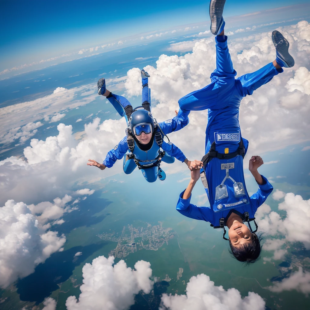 Exciting images of an elderly Thai male skydiver wearing a blue jumpsuit and a age girl wearing a purple jumpsuit with Thai patterned sleeves. Skydiving freely above the clouds in the highest sky, vast and limitless in every direction. The skydiver's body is in a stable stance with arms and legs extended. The wind blew past, causing the clothes to sway violently. The ground below was just a blur, giving off an exciting feeling of height and speed. The skydiver's face was full of excitement and joy.