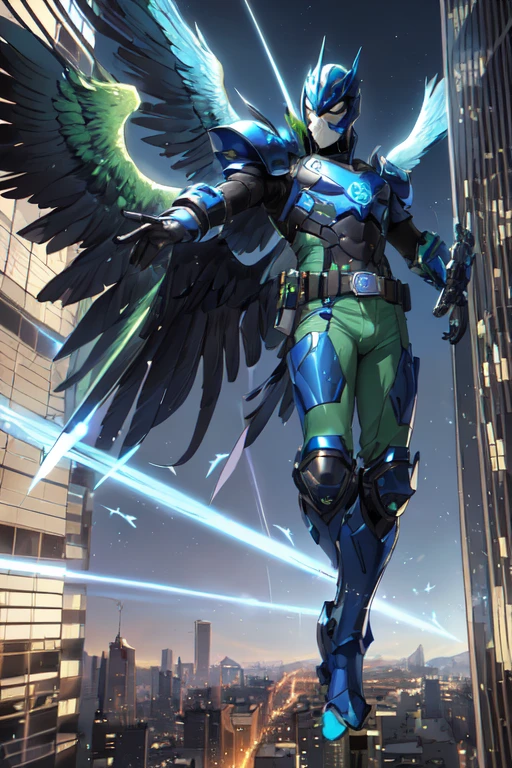 ((best quality)), ((masterpiece)), (detailed), 1 man, full body, 25 years old, masked, blue mask, blue head, uncovered mouth, biker helmet, blue helmet, parrot helmet, black neck, tall, thin, black beak, black details, a green parrot with a blue head on his side, metallic wings, wings on his arms, blue fingerless gloves, blue wristbands, luminous blue wings shooting lasers, blue suit resembling light armor, blue suit with an emblem, entirely green chest, emblem on his chest, green pants, deployable bird tail, metallic feathers, gray knee pads, metallic gray boots, metallic bird claws, black superhero belt, flying through the city, midday city background, anime