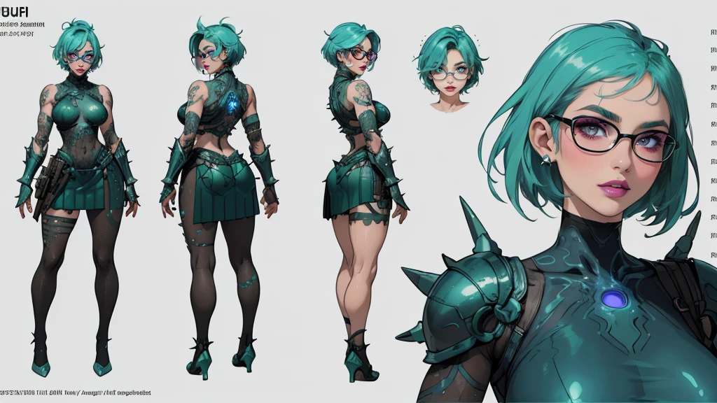 ((The concept character sheet of a strong, attractive, and hot alt lady wearing sexy biopunk armor)). Her face is oval, forehead is smooth and visibly rounded at the temples. jawline is softly defined, giving her a gentle and feminine appearance, ((NSFW, sexy glowing alien armor, biopunk swords)), ((Masterpiece, Highest quality)), 8k, Detailed face (short hair faded and spiked, undercut hairstyle) (multicoloured hair) (green glowing eyes), light blue hair, pantyhose, stocking, Infographic drawing. Multiple sexy poses. tattoos, glasses, sexy biopunk skirt, sexy biopunk top