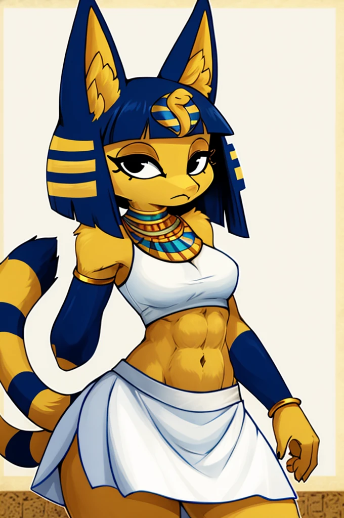 ((best quality)), ((masterpiece)), (detailed), a digital artwork of ankha with abs wearing a crop top of her white sleeveless dress with white long dress skirt, a bare midriff and a bare navel, Egyptian setting, tail, blue Egyptian handbands, furry, anthro style, 2d style