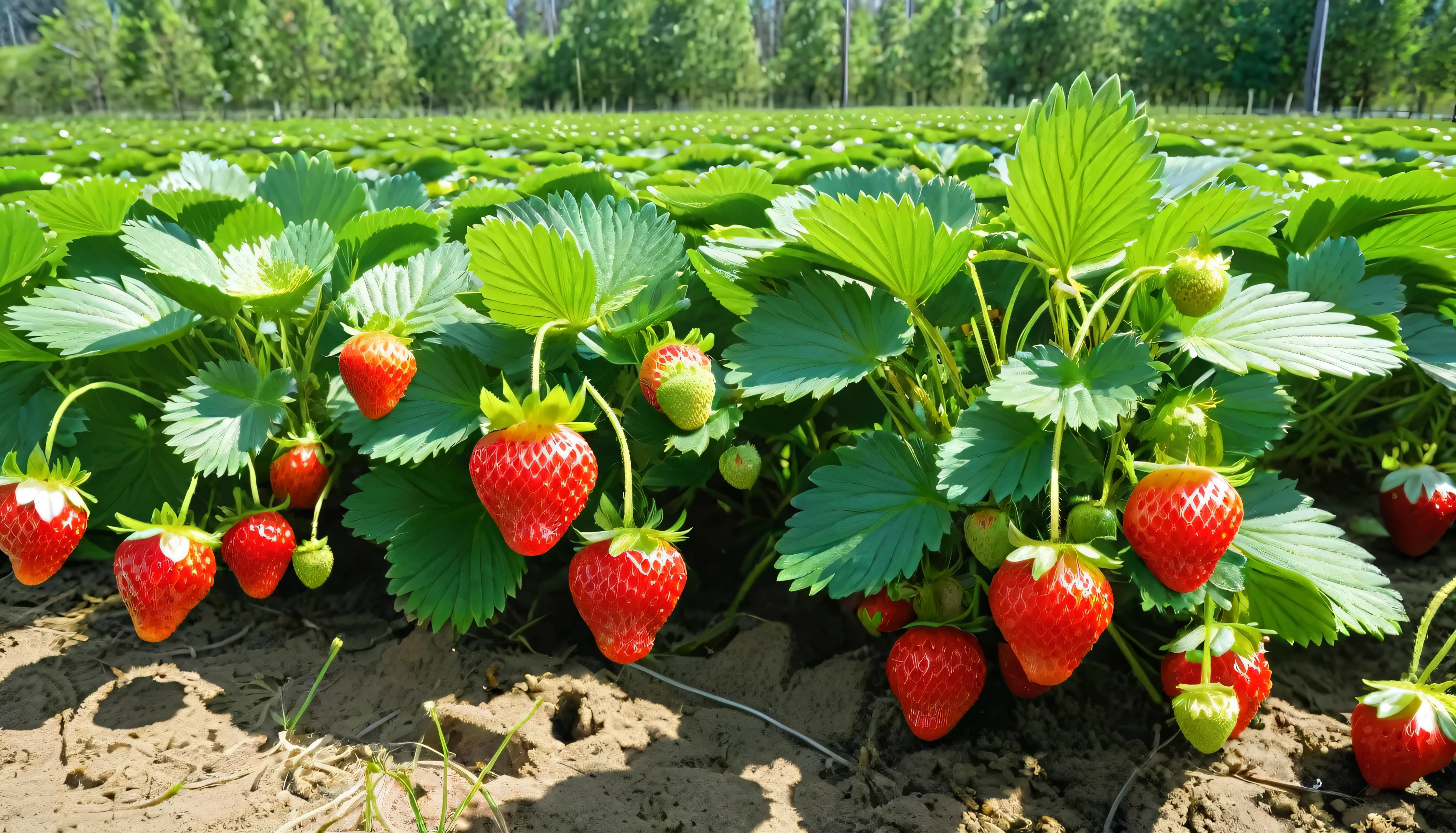 the strawberry plants in the polyback bear heavy fruit, some are red and some are still green, the trees are lush and some are green