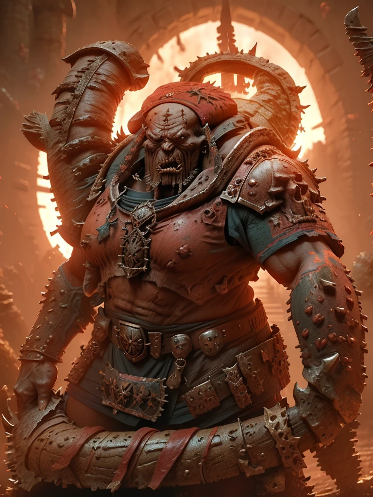 (warhammer fantasy style), gigantic (Khorne:1.5) the Blood God, looking like a (giant blood Demon:1.4), (but he's dressed as a French citizen, wearing a sailor shirt and handling a baguette with a beret:1.4), warhammer_chaos_spawn, simple background