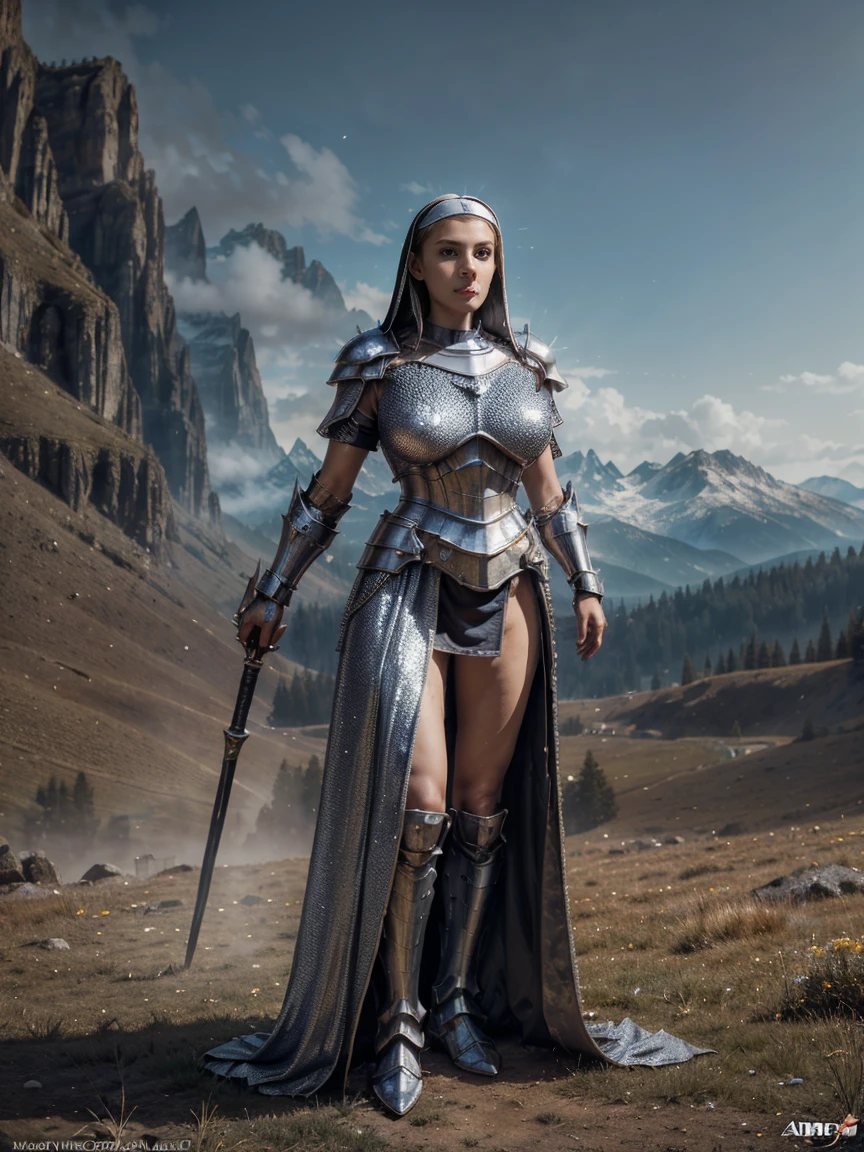 (masterpiece, top quality, best quality, official art, beautiful and aesthetic:1.2), (1girl:1.3), ((Sharp facial features, sharp features, hawkish features)), ((blue eyes)), busty paladin knight girl, extremely detailed, portrait, looking at viewer, solo, (full body:0.6), detailed background, full-body shot, (warm mountain meadow theme:1.1), holy knight, (nun), charlatan, smirk, mysterious, swaying in mountains, armor, polished metal, gold trim, long boots, white fabric, pelvic curtain, robe, pale leather, ((((nun, holy aura, corona, mace, heavy armor, armored, long legs, long flowing pelvic curtain, toned, muscular, chainmail)))), slim waist, slim hips, long legs, medieval (mountain exterior:1.1) background, dark mysterious lighting, shadows, magical atmosphere, dutch angle