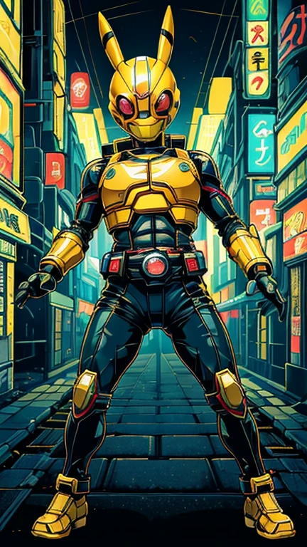 (8k),(masterpiece),(Japanese),(8--old ),((innocent look)),((Childish)),From the front,smile,cute,Innocent,Kind eyes,Flat chest, yellow helmet, yellow domino mask, Pikachu,Bald,No Hair, Henshin Pose,night,dark, Neon light cyberpunk city,Kamen rider,camisa