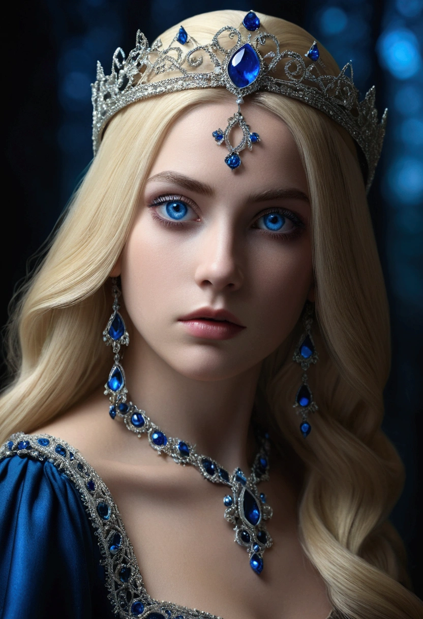 (extremely detailed CG unity 8k wallpaper,masterpiece, best quality, ultra-detailed),(best illumination, best shadow, an extremely delicate and beautiful),floating,high saturation,blonde hair+blue eyes:1.2,gloomy gothic scenery, long hair, gaze into the distance. (Uma bela garota de longos cabelos loiros e olhos azuis cintilantes iluminação góticos)