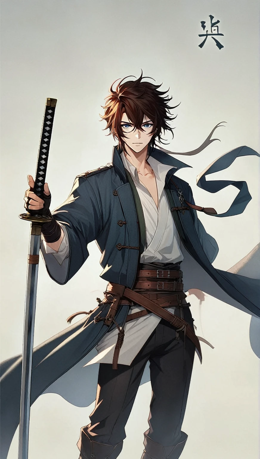Anime style image of a man with a sword and a cape, handsome guy in demon slayer art, tall anime guy with blue eyes, anime handsome man, male anime character, inspired by Okumura Masanobu, masamune, anime character, with big sword, cute anime pose, masamune shiro, male anime style, swordsmanship