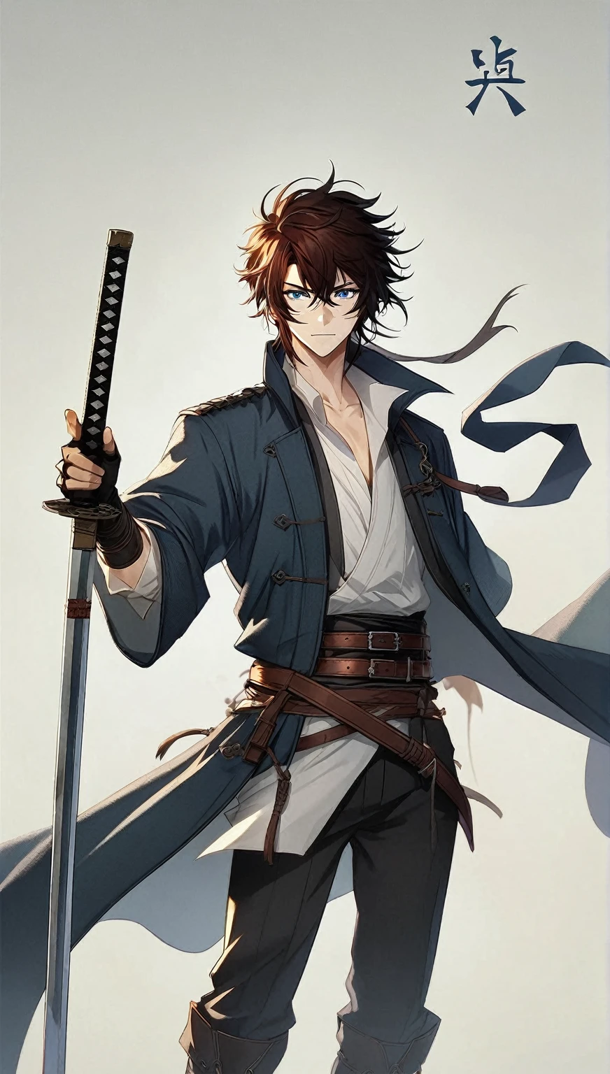 Anime style image of a man with a sword and a cape, handsome guy in demon slayer art, tall anime guy with blue eyes, anime handsome man, male anime character, inspired by Okumura Masanobu, masamune, anime character, with big sword, cute anime pose, masamune shiro, male anime style, swordsmanship