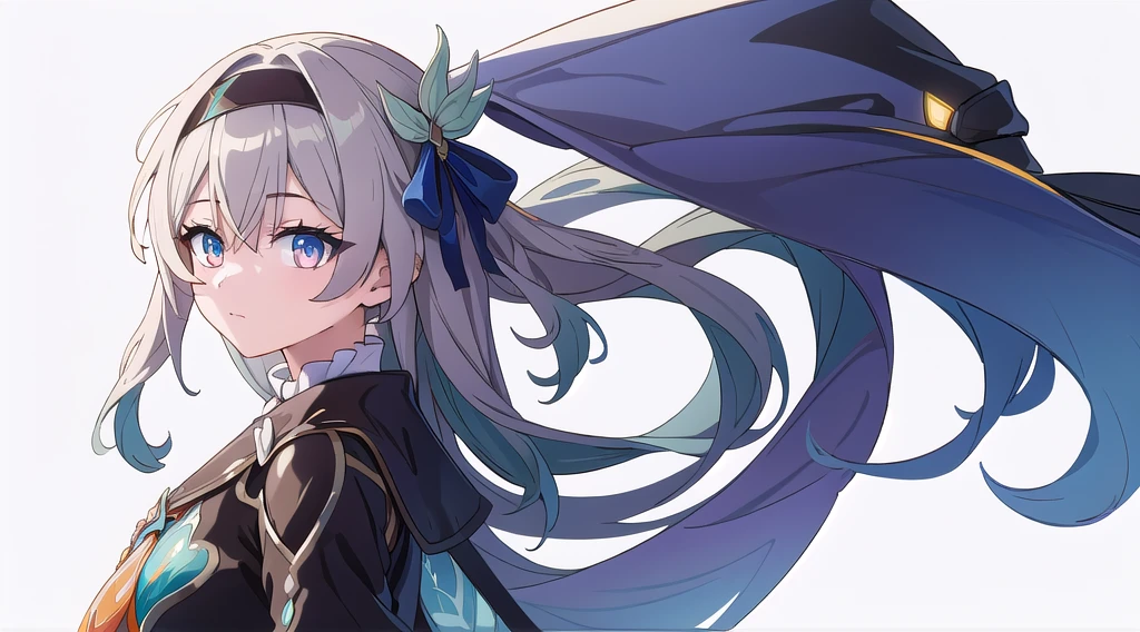 (best quality), white background, simple background, BREAK fireflydef, 1girl, jacket, dress, BREAK looking at viewer, fireflydef, blue jacket, dress, bow, headband, hair accessory